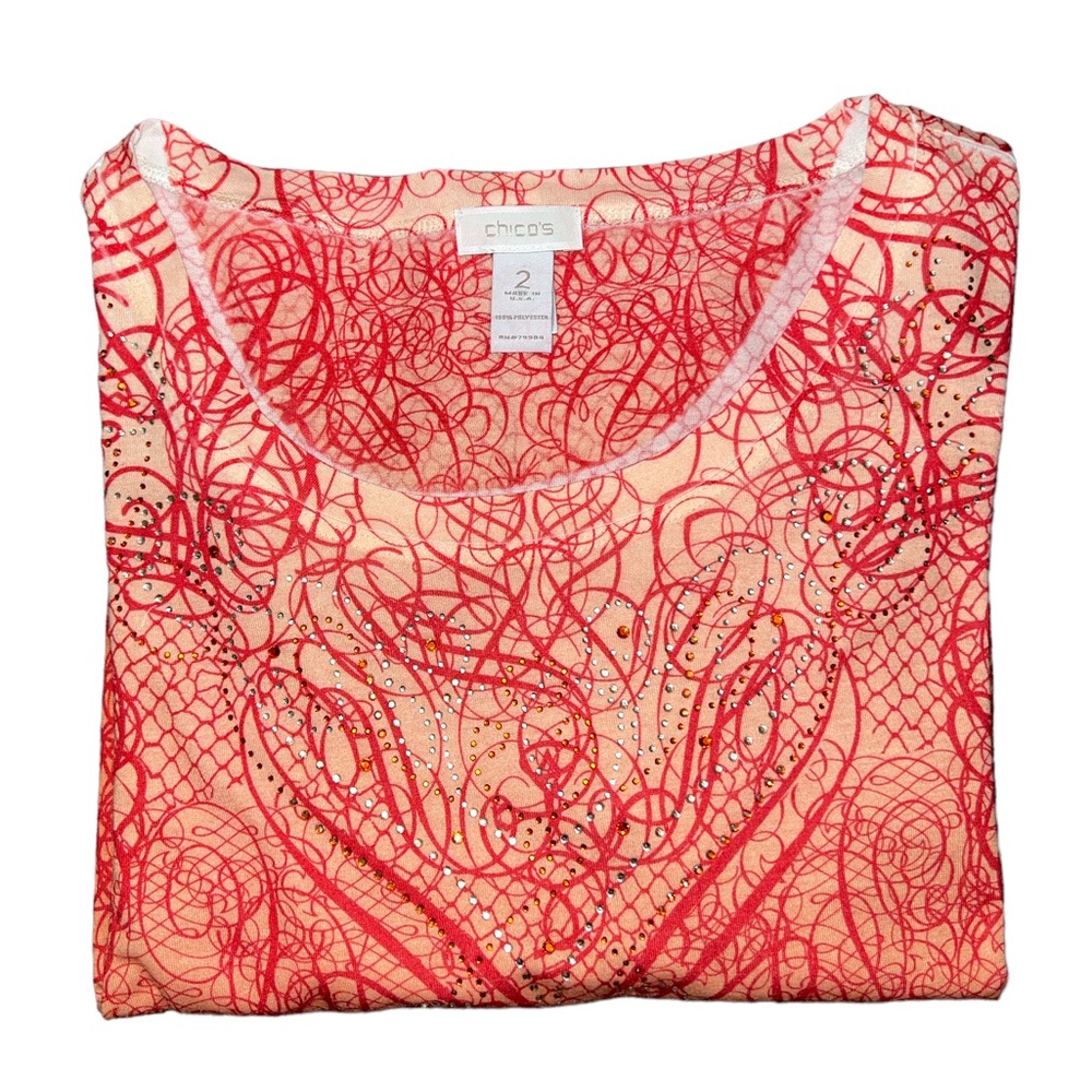 Chico’s Embellished 3/4 Sleeve Geo Print Scoop Neck Top Size 2 | Large (12) - Picture 1 of 6